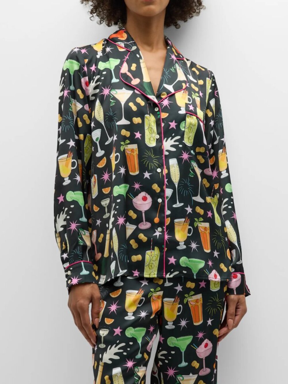 Karen Mabon Happy Hour Pajama Set XL Black Satin Cocktail Drinks Print Top Pants